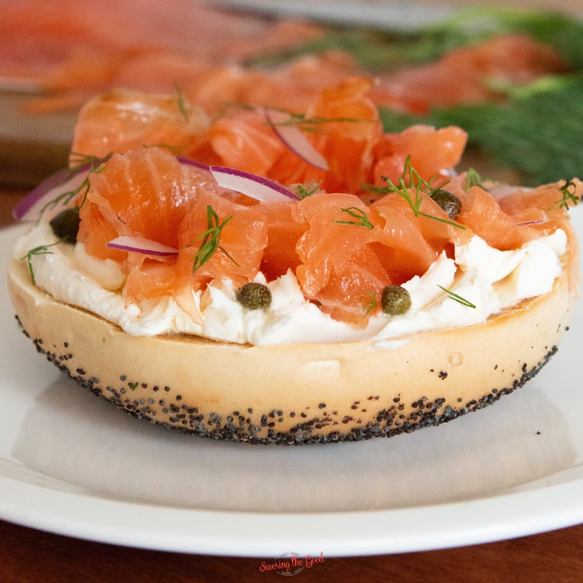 Salmon gravlax, cream cheese, shaved white onion